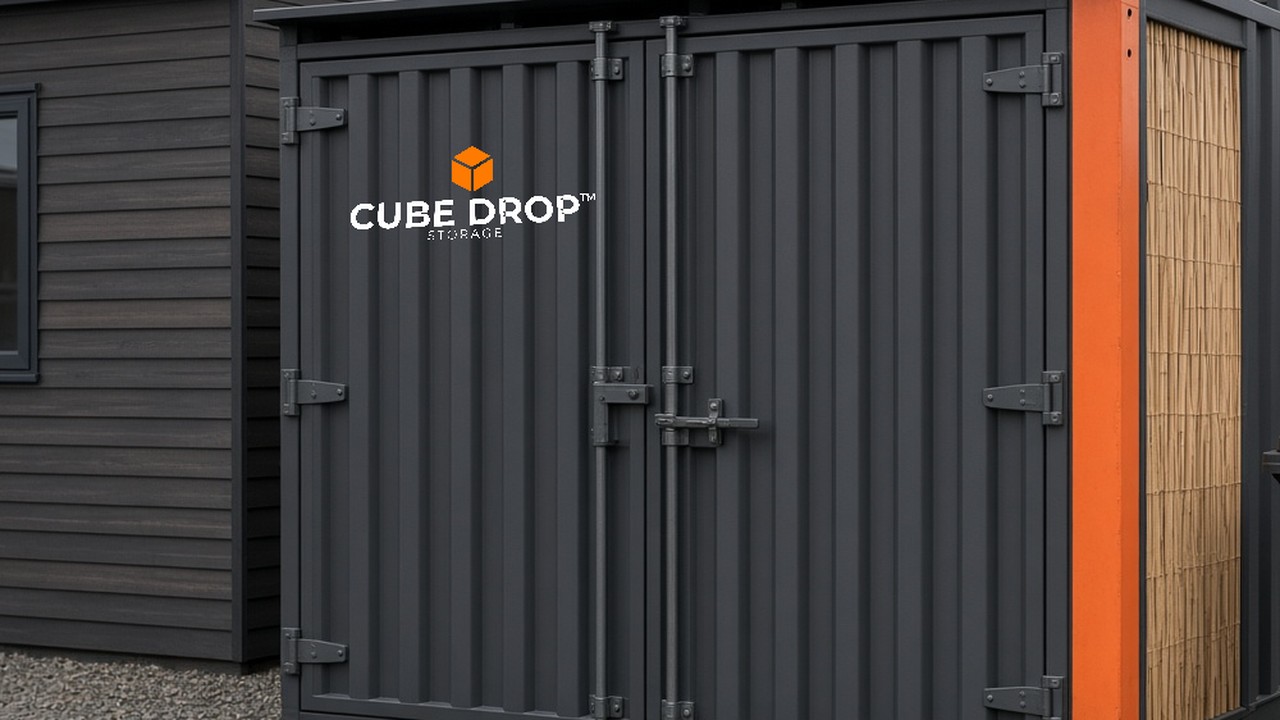 The door end of a 10ft Cube Drop cube, with locking bars, an orange corner and a bamboo bay